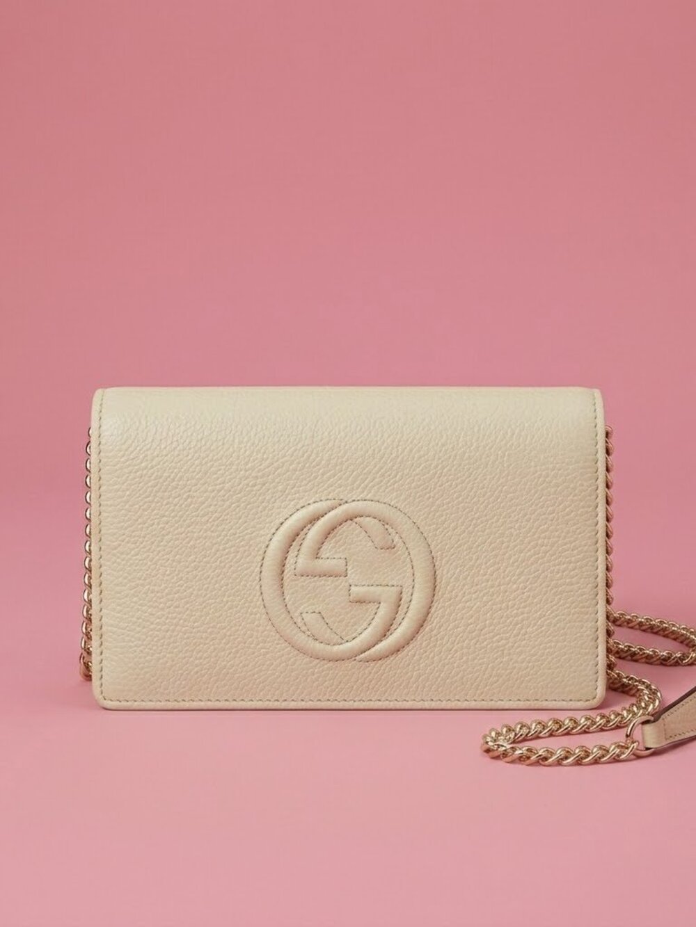 NWT Gucci Soho Wallet on Chain Pebbled Calfskin Leather Ivory